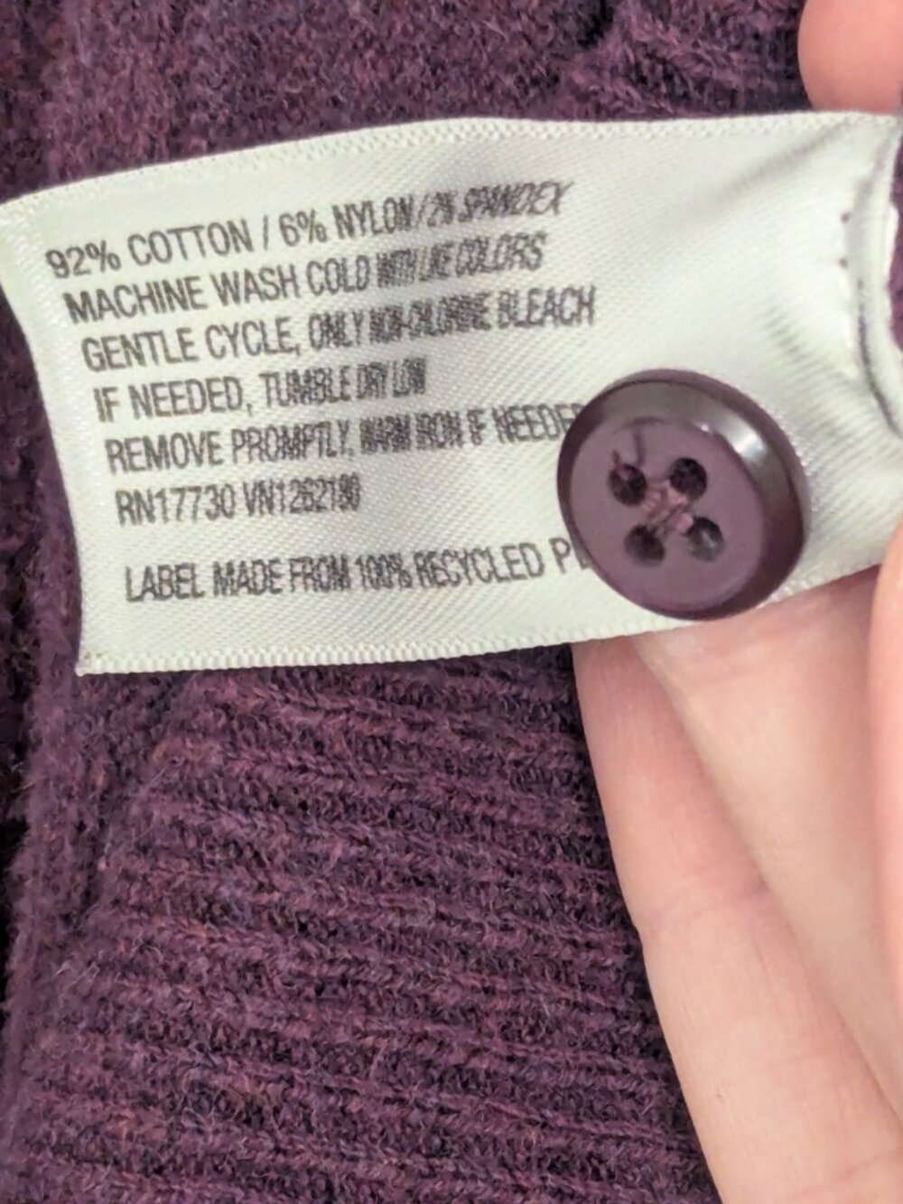 Purple Plum Cotton Long Sleeve Cardigan Merona XS With Spare Button - Picture 5 of 5